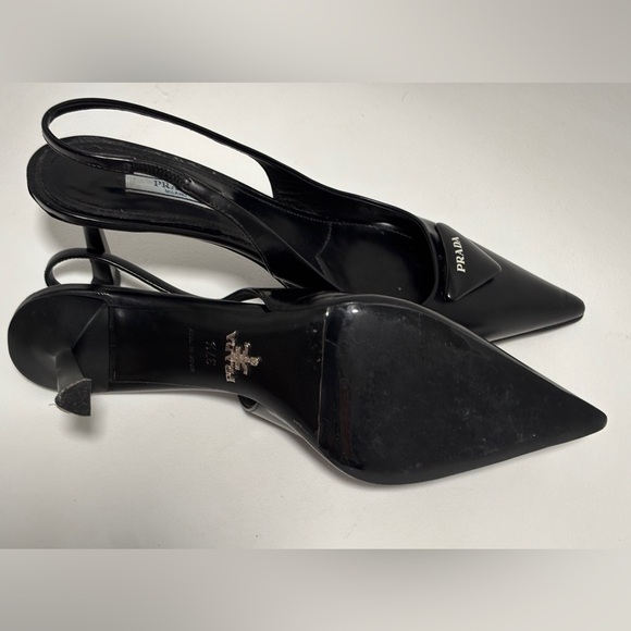 PRADA Pointy Black Pointed SlingBack With Logo Triangle Accent Size 37.5 - Picture 7 of 11